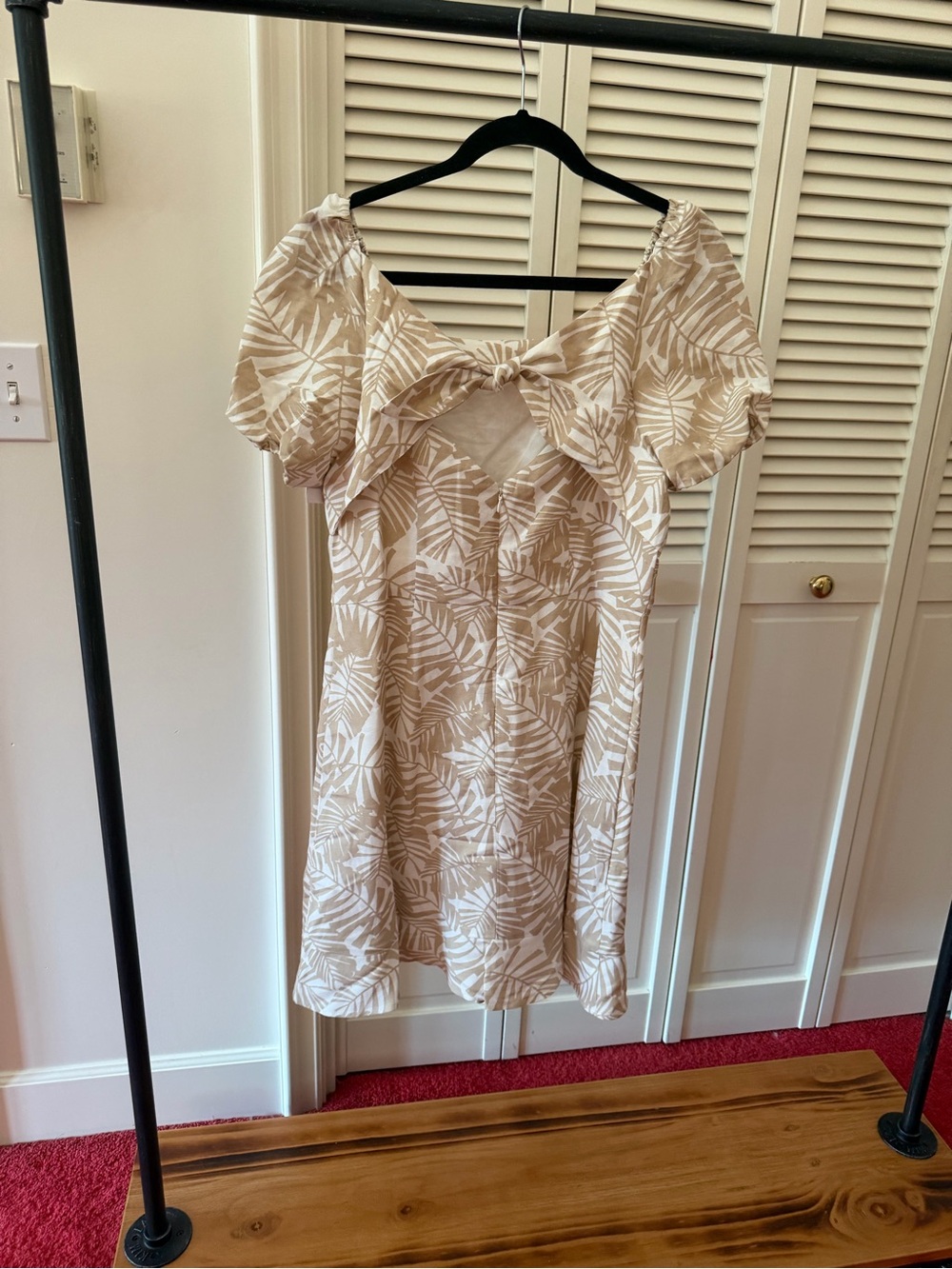 LOFT Beige and White Tropical-Print Mini Dress with Front Knot